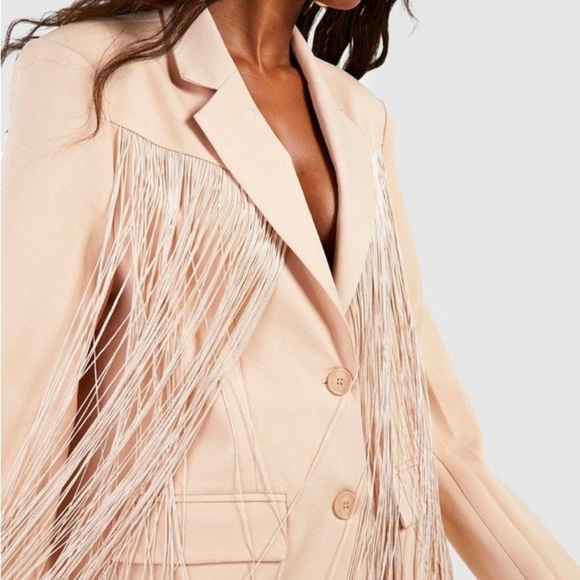 NWT Boohoo Tassel Fringe Crepe Blazer Mini Dress Sand Bohemian Sexy Size 10 - Picture 14 of 14